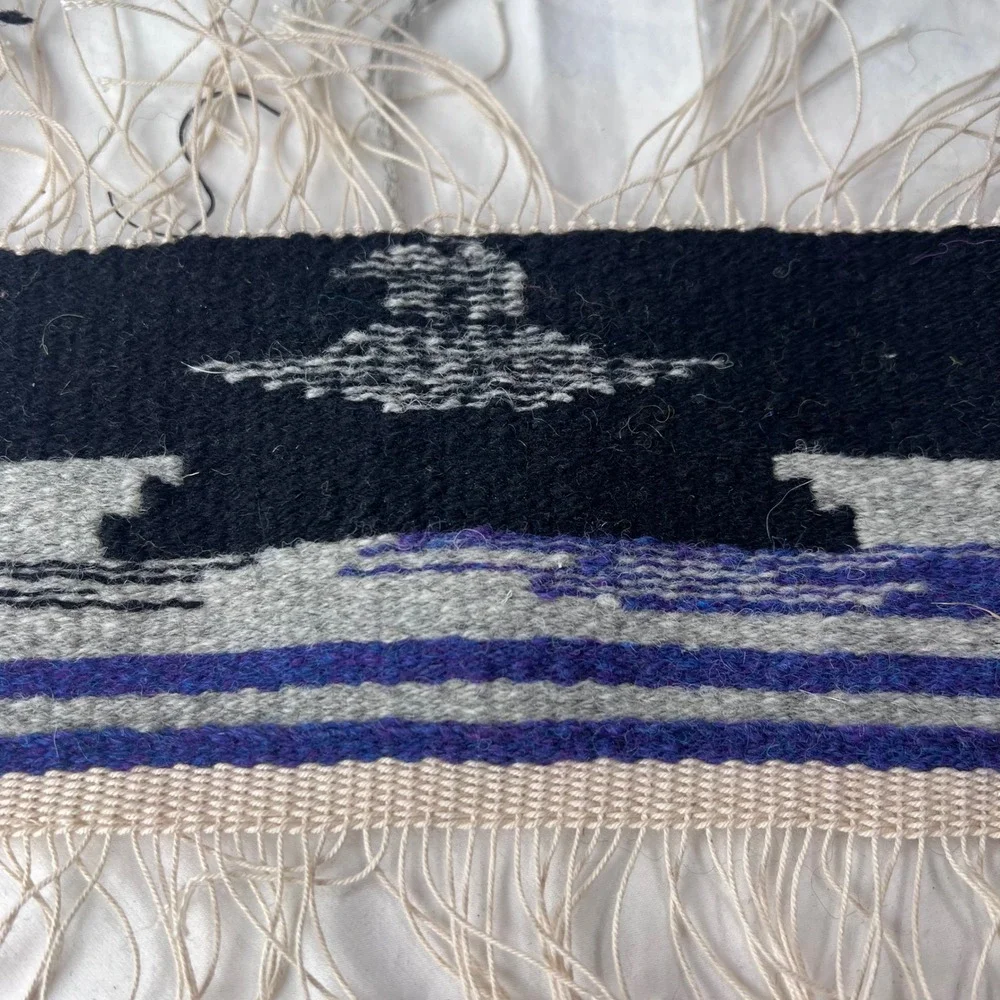 Handwoven Wool Southwestern Textile Mini Tapestry Black Purple Grey Fringe 10.5